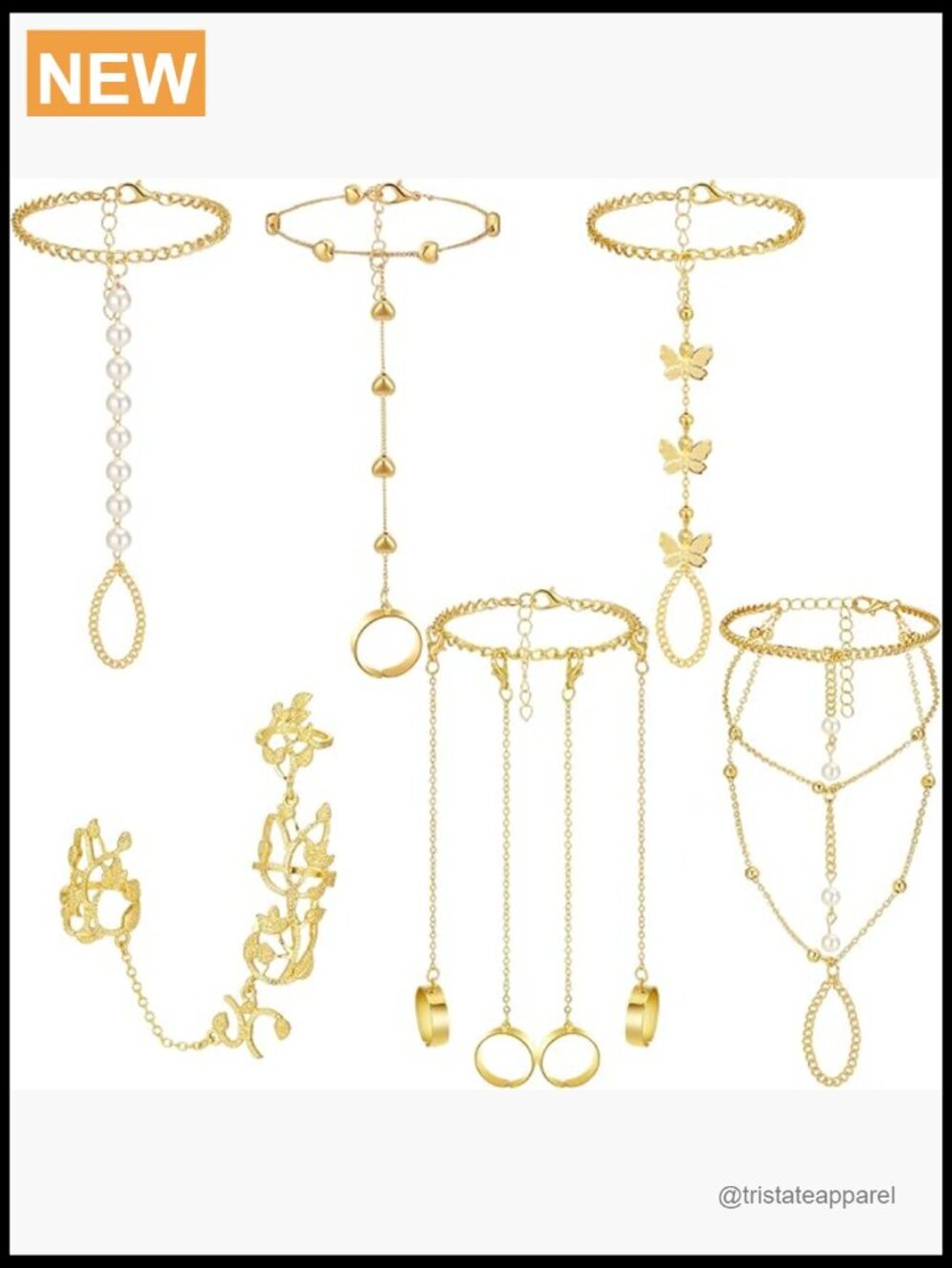 6-Piece Rhinestone Hand Chain Bracelet Set Adjustable Lobster Clasp